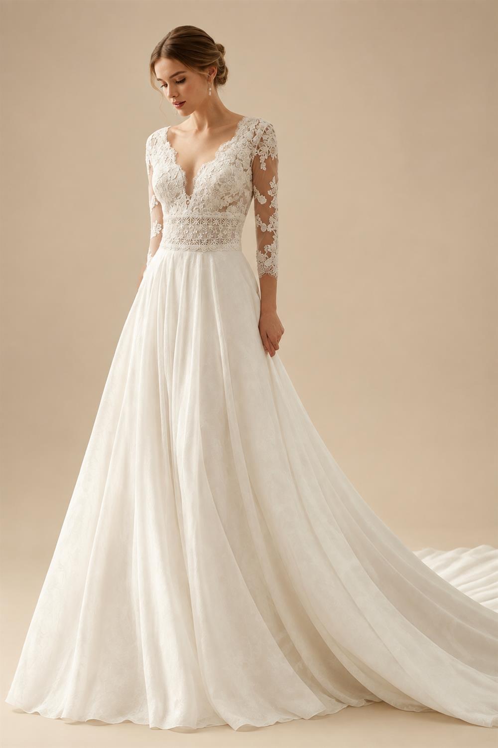 Custom A Line Lace V Neck Boho Wedding Dress
