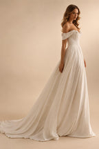 Customized A Line Satin Off Shoulder Wedding Bridal Dress