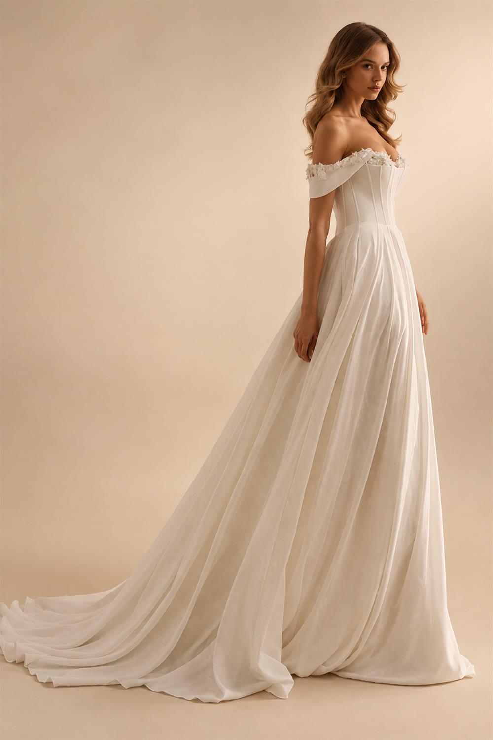 Customized A Line Satin Off Shoulder Wedding Bridal Dress