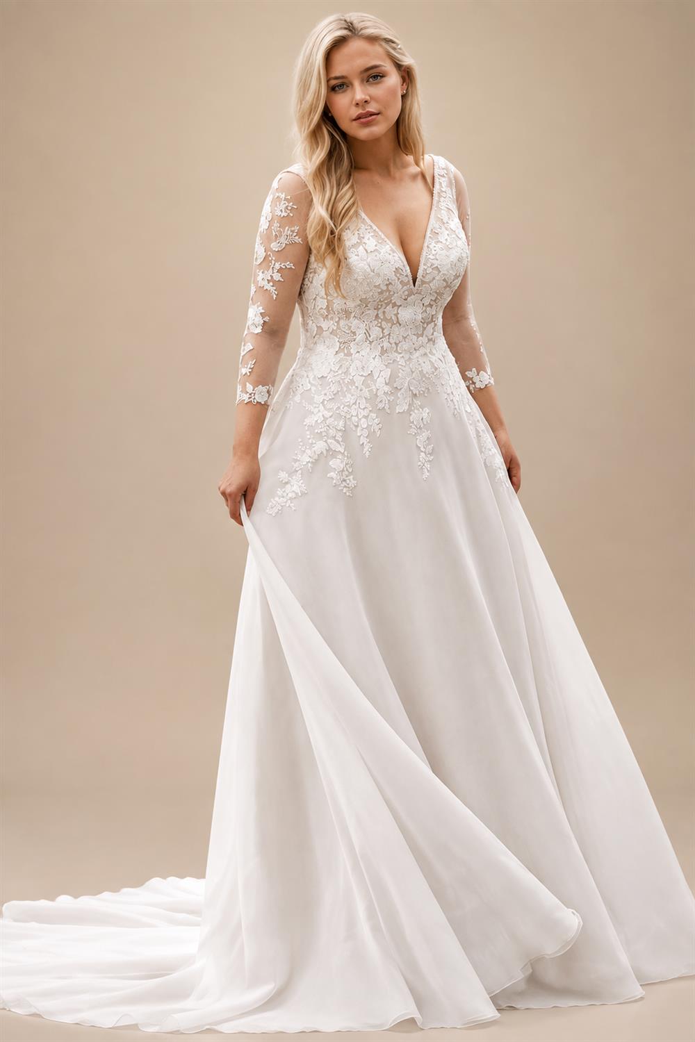 Custom Plus Size Wedding Dress Long Sleeves A Line Lace Applique Gown