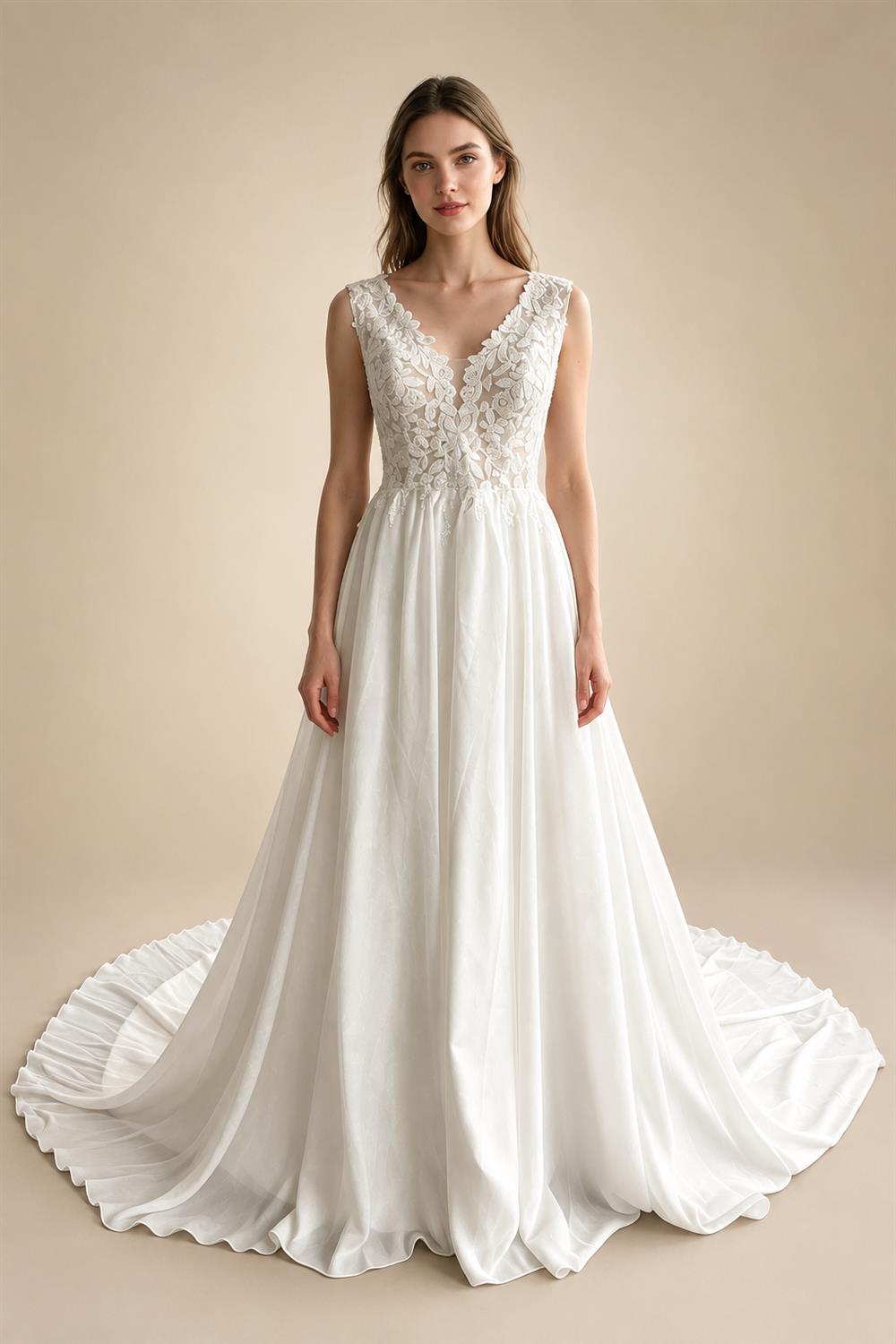 Custom Plus Size Champagne Lace V Neck Wedding Gown