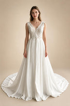 Custom Plus Size Champagne Lace V Neck Wedding Gown