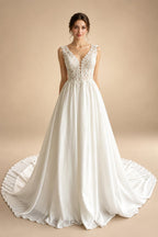 Custom Plus Size Champagne Lace V Neck Wedding Gown