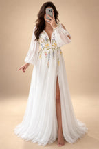 Floral Embroidered Chiffon A Line V Neck Wedding Gown Puff Sleeve Customized