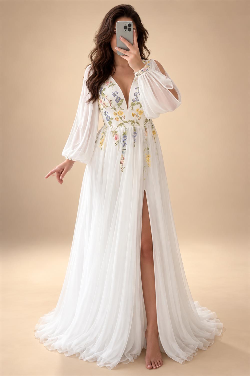 Floral Embroidered Chiffon A Line V Neck Wedding Gown Puff Sleeve Customized
