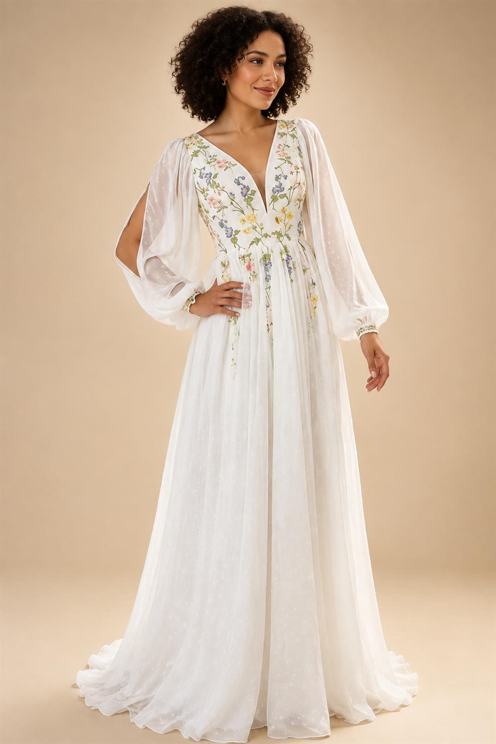 Floral Embroidered Chiffon A Line V Neck Wedding Gown Puff Sleeve Customized