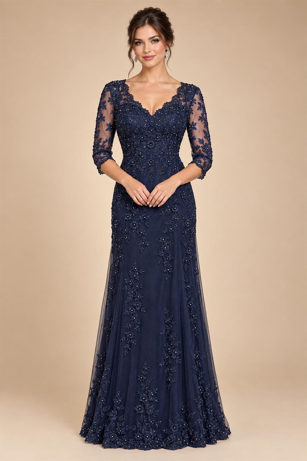 Floral Embroidered Chiffon A Line V Neck Wedding Gown Puff Sleeve Customized