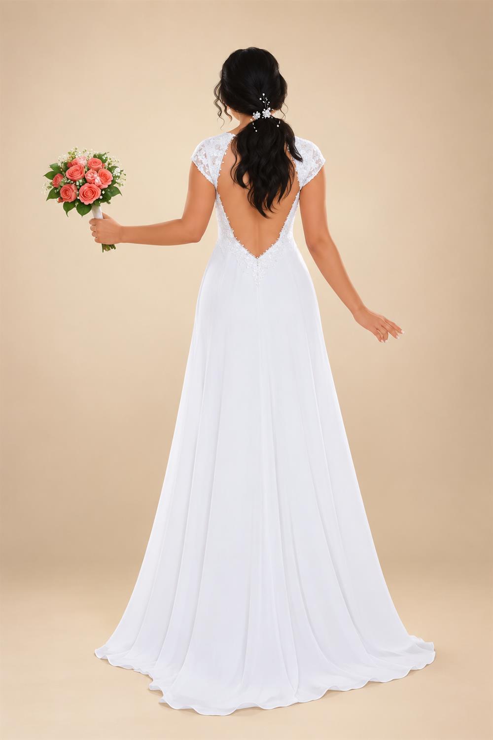 Floral Embroidered Chiffon A Line V Neck Wedding Gown Puff Sleeve Customized
