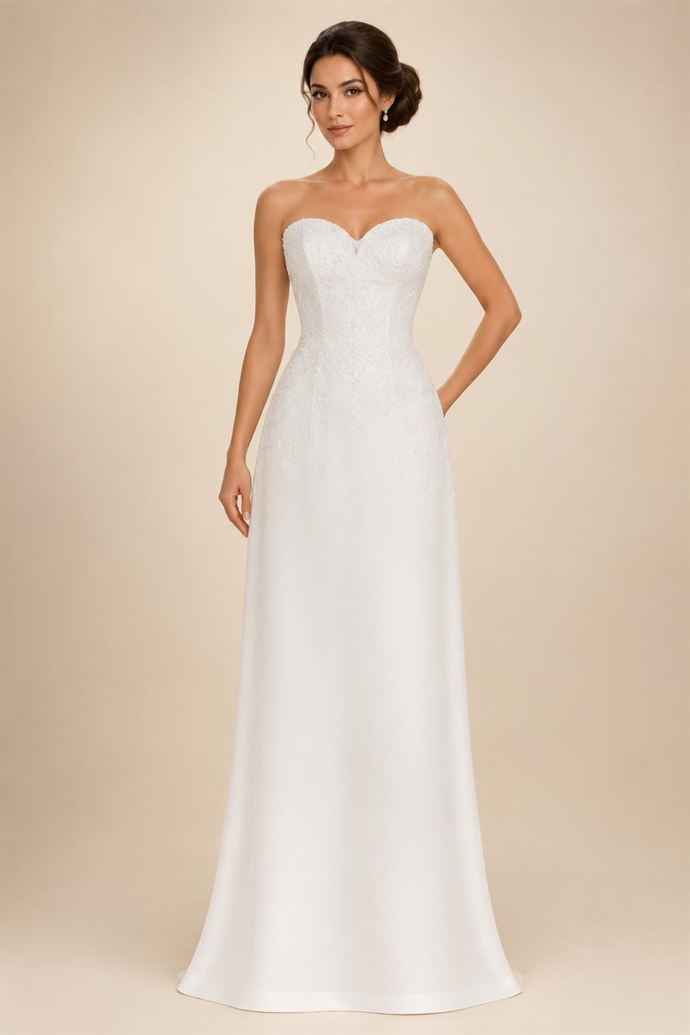Floral Embroidered Chiffon A Line V Neck Wedding Gown Puff Sleeve Customized