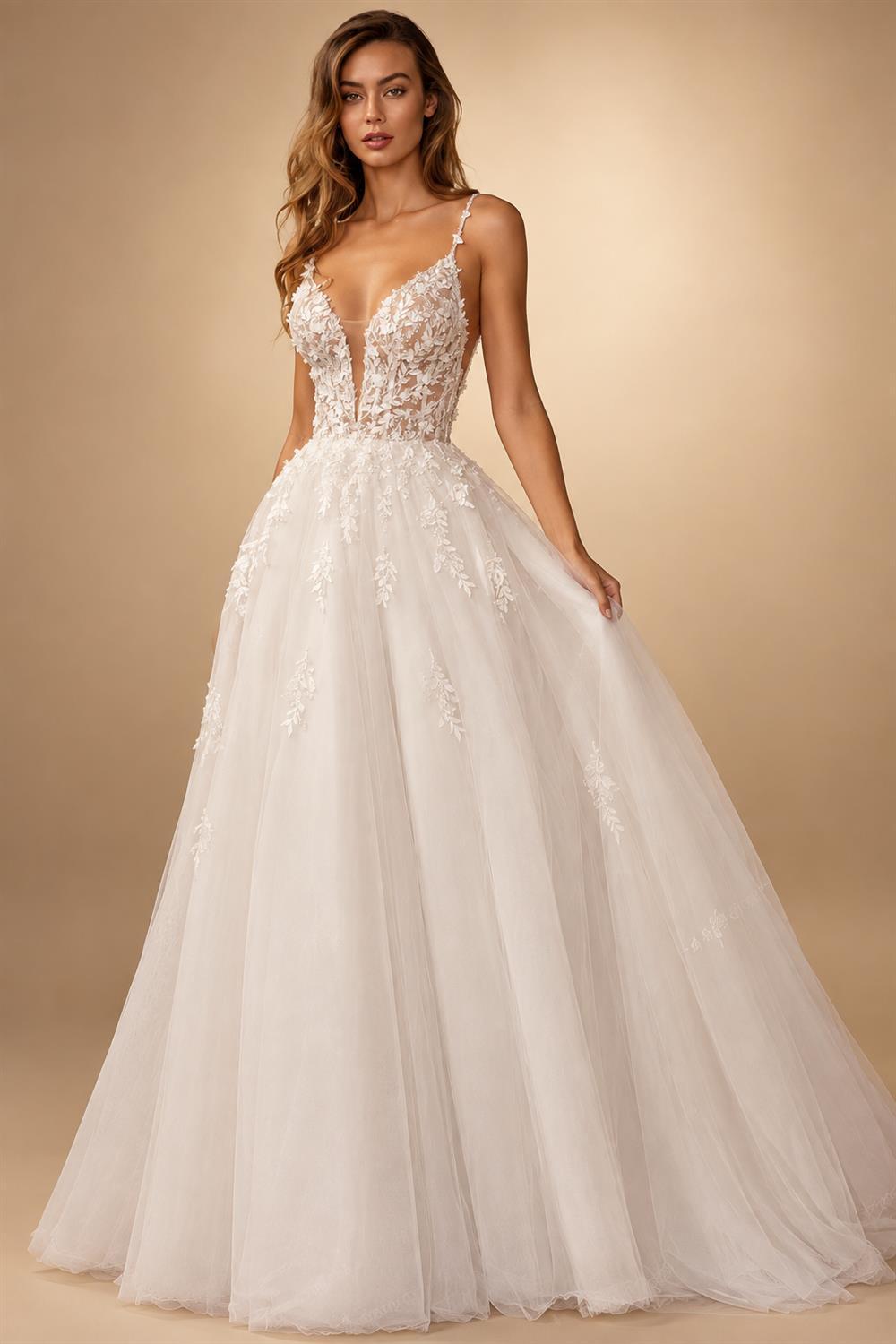 Custom Beach Wedding Dress With Beaded Lace And V Neck Spaghetti Straps