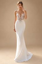 Satin Mermaid Wedding Dress Spaghetti Straps Backless Bow