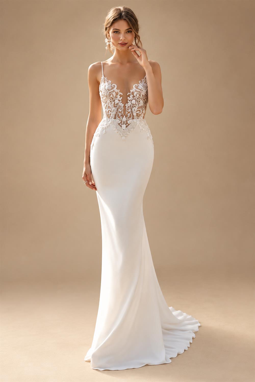 Satin Mermaid Wedding Dress Spaghetti Straps Backless Bow