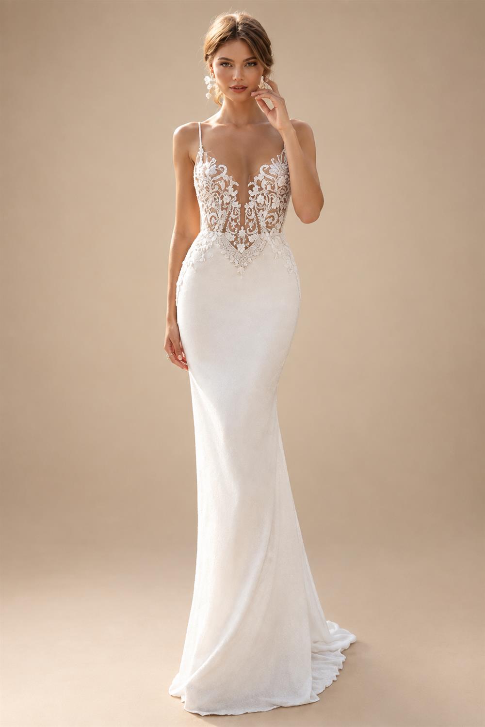 Satin Mermaid Wedding Dress Spaghetti Straps Backless Bow
