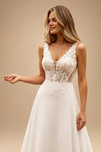 Boho Champagne Lace V Neck Sleeveless Custom Train Bridal Gown