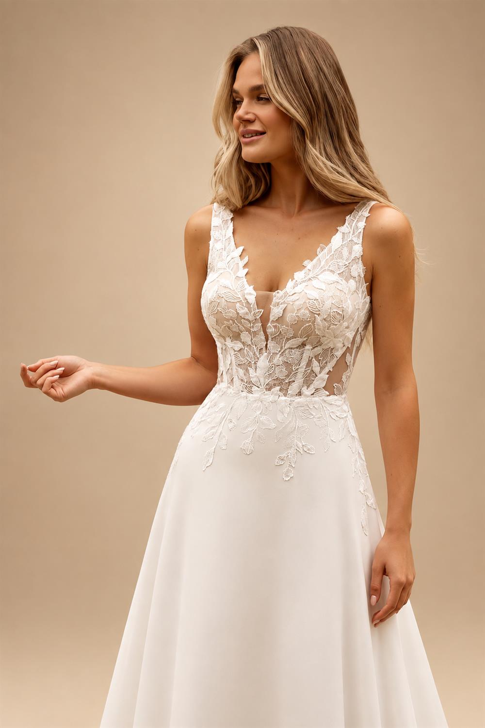 Boho Champagne Lace V Neck Sleeveless Custom Train Bridal Gown