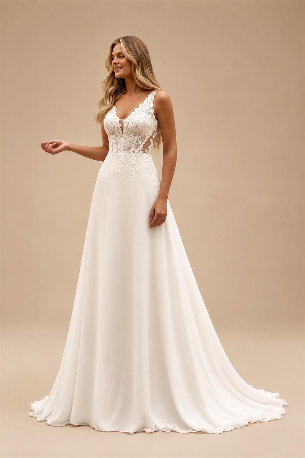Boho Champagne Lace V Neck Sleeveless Custom Train Bridal Gown