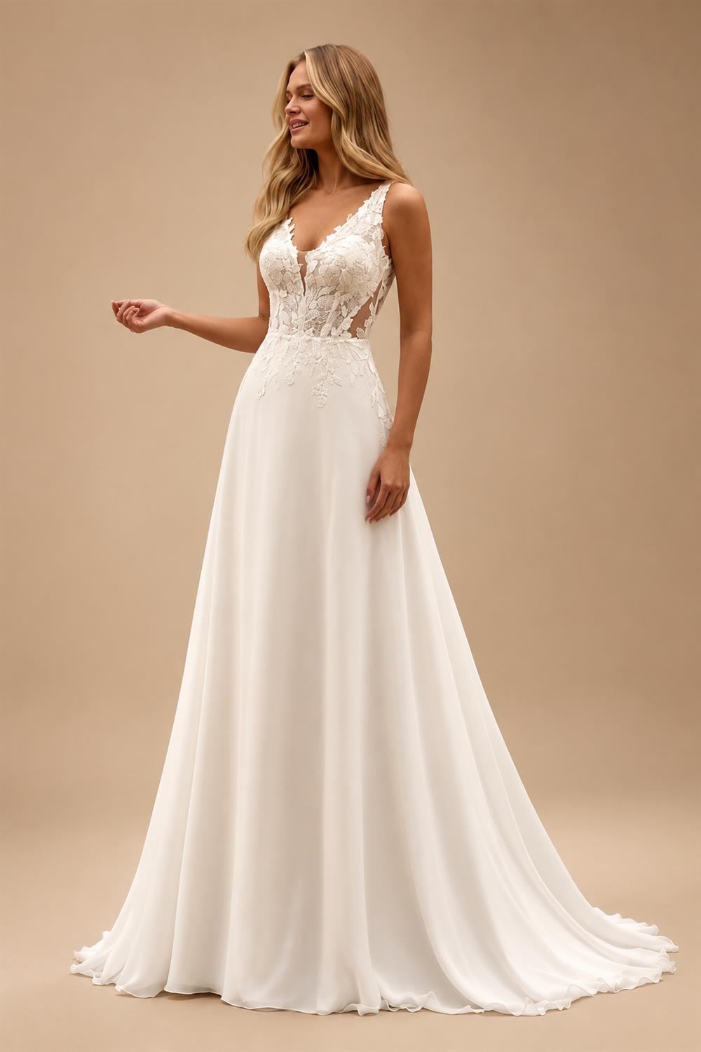 Boho Champagne Lace V Neck Sleeveless Custom Train Bridal Gown