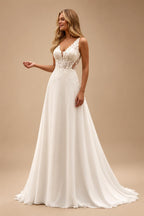 Boho Champagne Lace V Neck Sleeveless Custom Train Bridal Gown