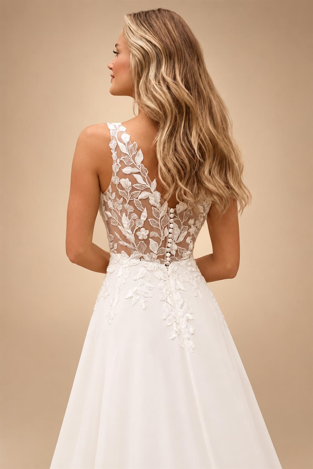 Boho Champagne Lace V Neck Sleeveless Custom Train Bridal Gown