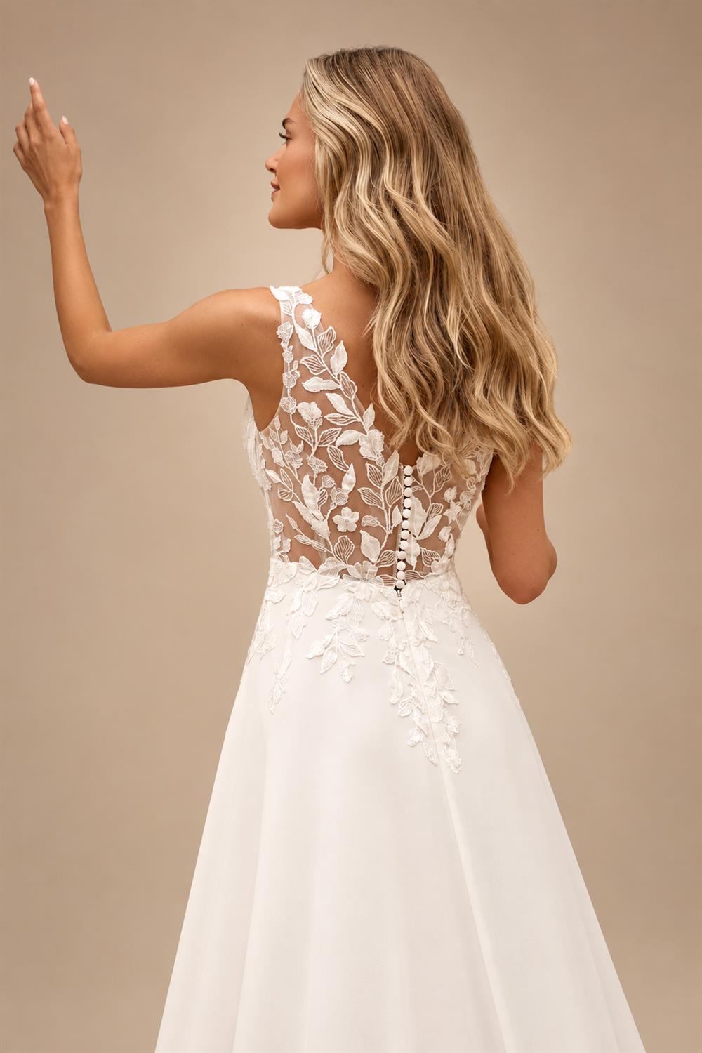 Boho Champagne Lace V Neck Sleeveless Custom Train Bridal Gown