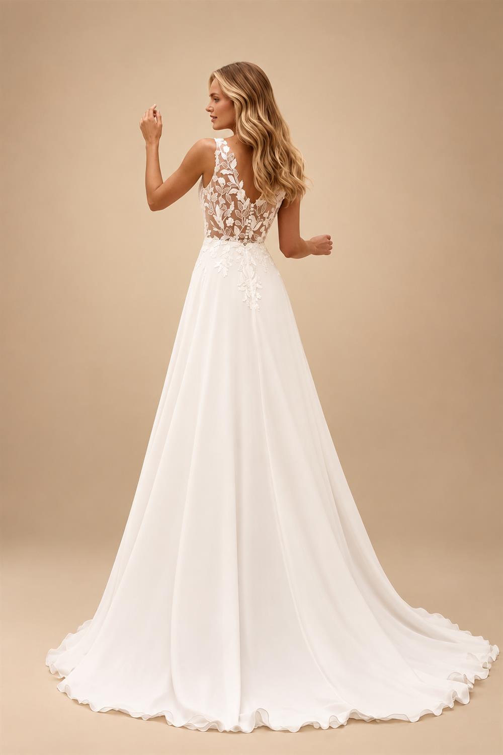 Boho Champagne Lace V Neck Sleeveless Custom Train Bridal Gown