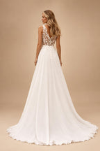 Boho Champagne Lace V Neck Sleeveless Custom Train Bridal Gown