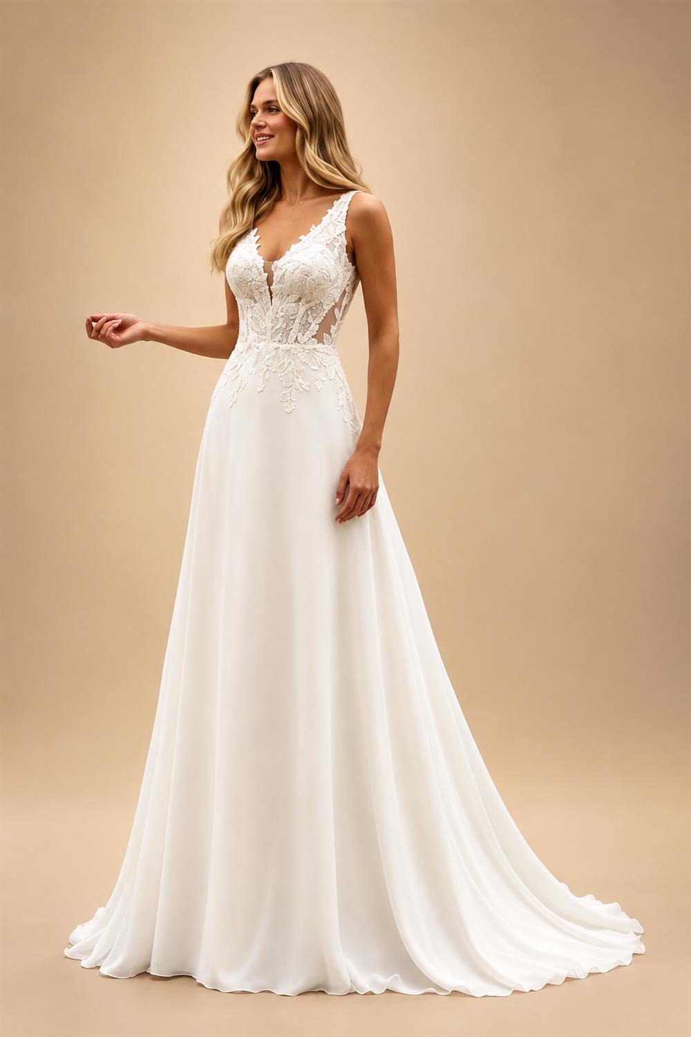 Boho Champagne Lace V Neck Sleeveless Custom Train Bridal Gown