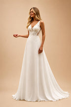 Boho Champagne Lace V Neck Sleeveless Custom Train Bridal Gown
