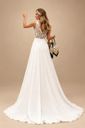 Boho Champagne Lace V Neck Sleeveless Custom Train Bridal Gown