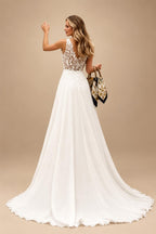 Boho Champagne Lace V Neck Sleeveless Custom Train Bridal Gown