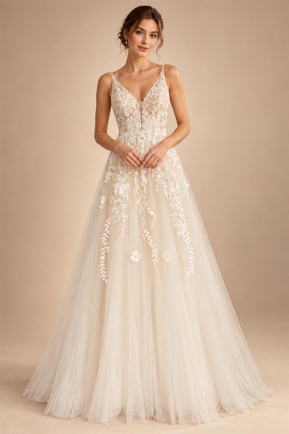 Custom Boho Wedding Dress A Line Open Back V Neck Tulle Lace Bridal Gown