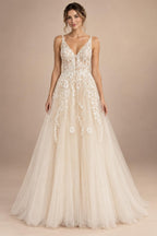 Custom Boho Wedding Dress A Line Open Back V Neck Tulle Lace Bridal Gown