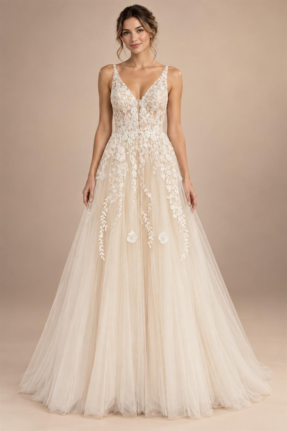 Custom Boho Wedding Dress A Line Open Back V Neck Tulle Lace Bridal Gown