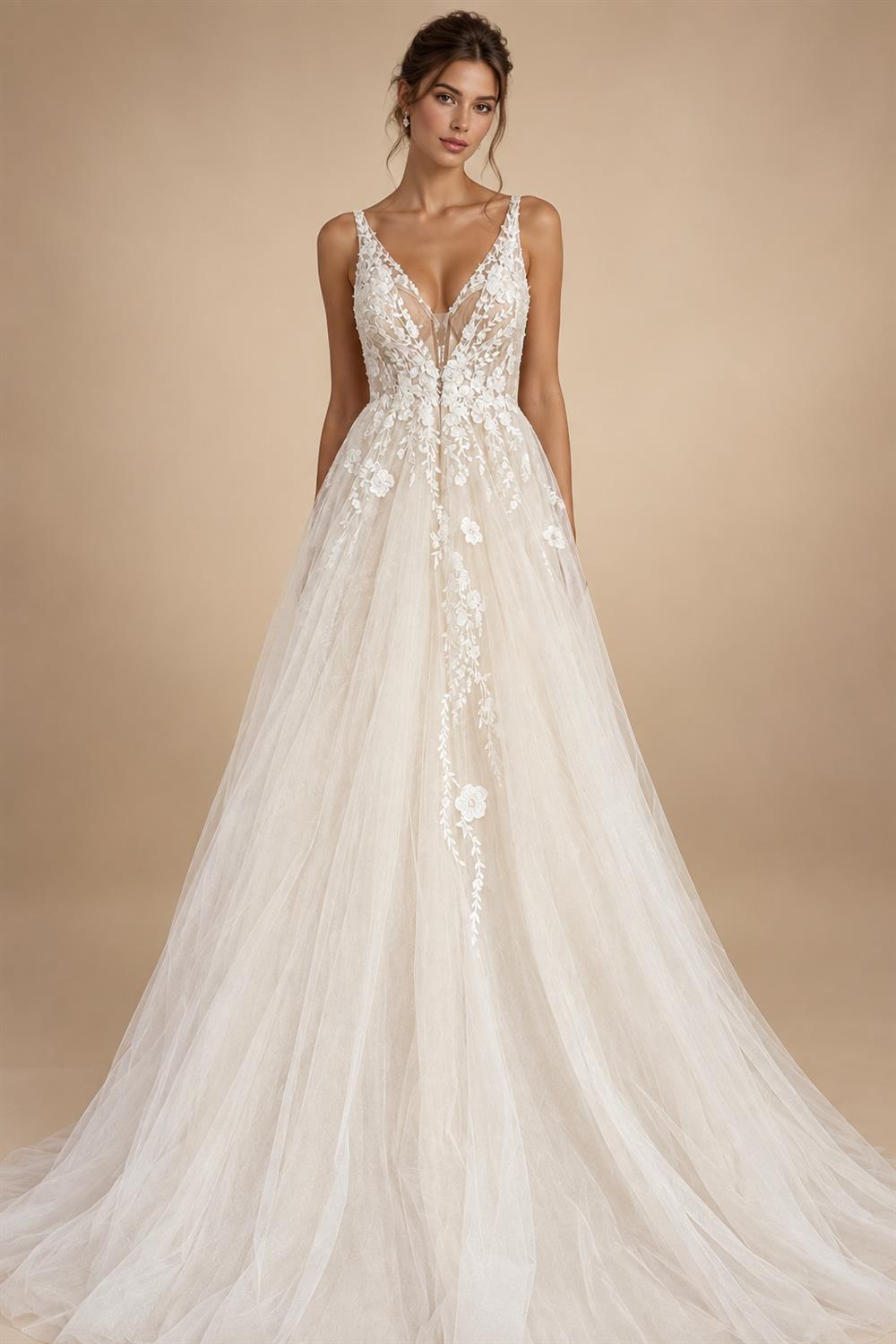 Custom Boho Wedding Dress A Line Open Back V Neck Tulle Lace Bridal Gown