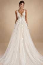 Custom Boho Wedding Dress A Line Open Back V Neck Tulle Lace Bridal Gown