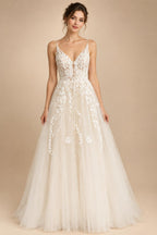 Custom Boho Wedding Dress A Line Open Back V Neck Tulle Lace Bridal Gown