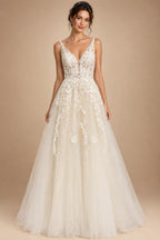 Custom Boho Wedding Dress A Line Open Back V Neck Tulle Lace Bridal Gown