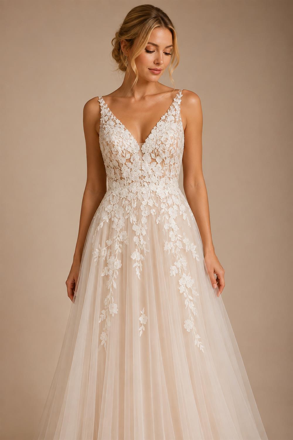 Custom Boho Wedding Dress A Line Open Back V Neck Tulle Lace Bridal Gown