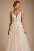Custom Boho Wedding Dress A Line Open Back V Neck Tulle Lace Bridal Gown