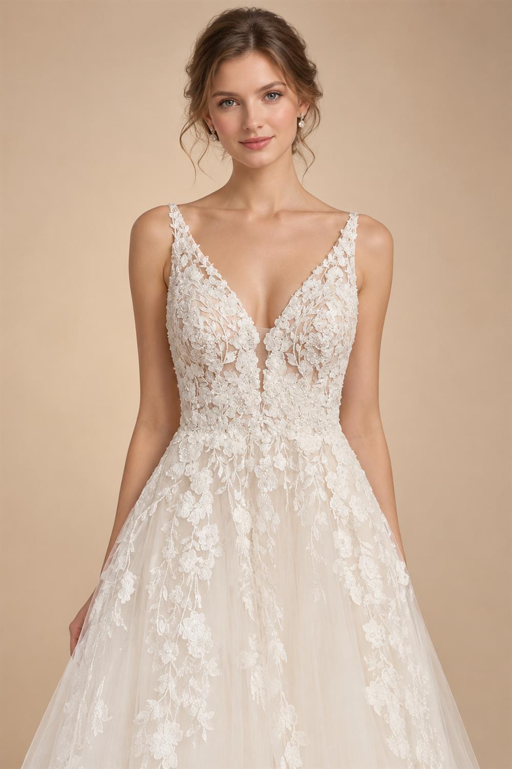 Custom Boho Wedding Dress A Line Open Back V Neck Tulle Lace Bridal Gown