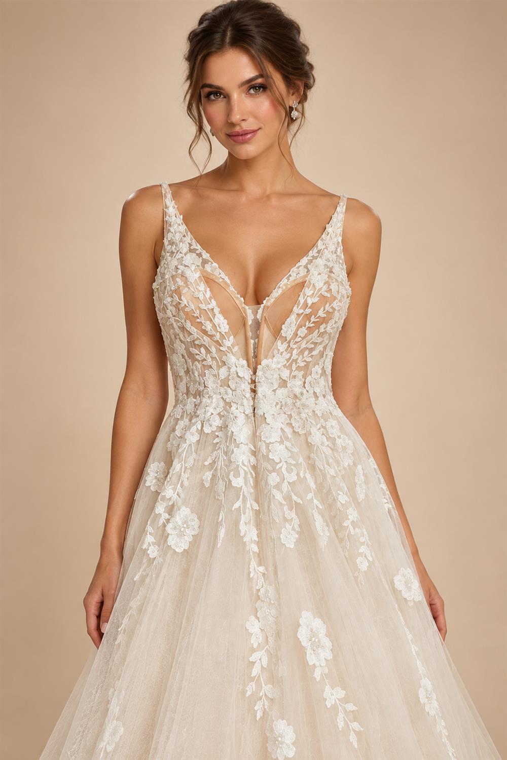 Custom Boho Wedding Dress A Line Open Back V Neck Tulle Lace Bridal Gown