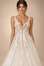 Custom Boho Wedding Dress A Line Open Back V Neck Tulle Lace Bridal Gown