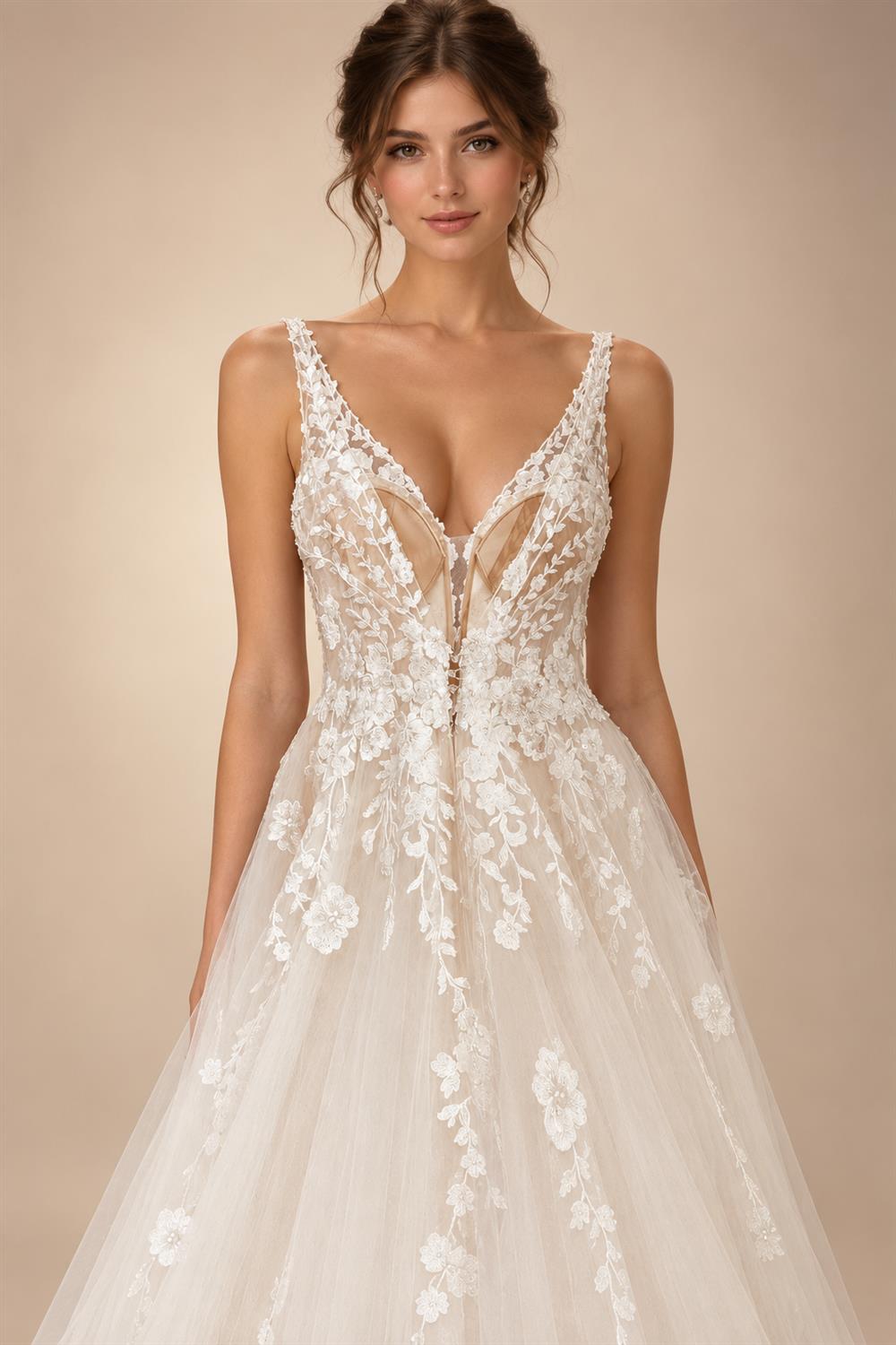 Custom Boho Wedding Dress A Line Open Back V Neck Tulle Lace Bridal Gown