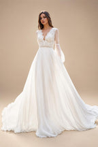 V Neck Lace Tulle Long Boho Beach Wedding Dress For Women
