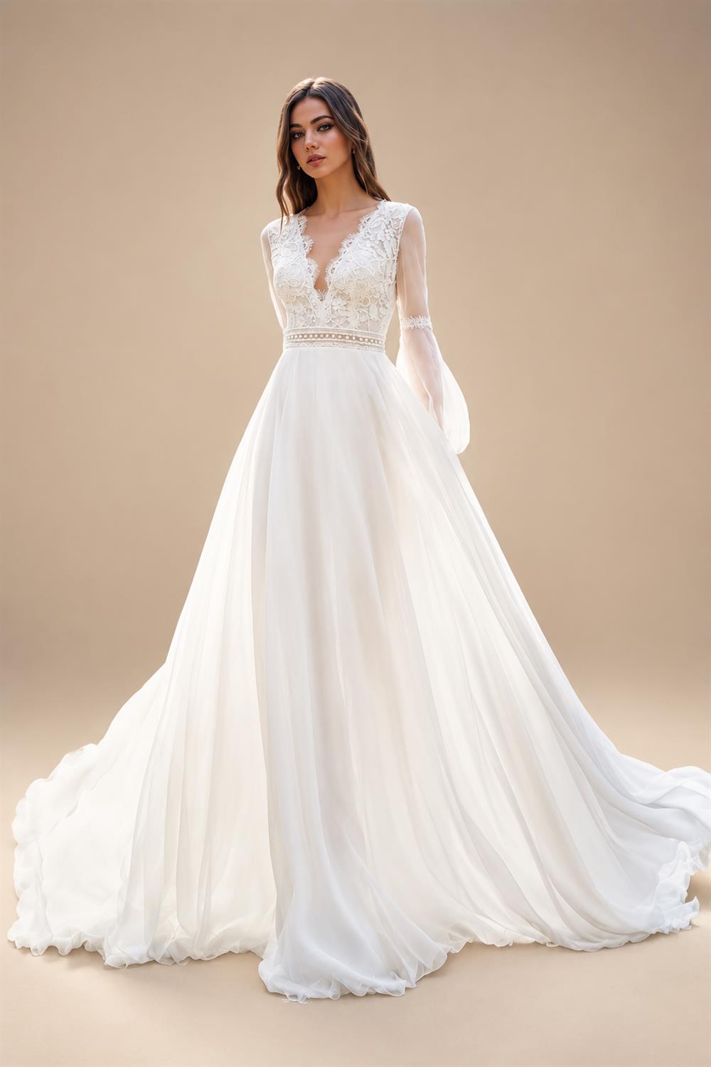 V Neck Lace Tulle Long Boho Beach Wedding Dress For Women