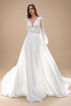 V Neck Lace Tulle Long Boho Beach Wedding Dress For Women