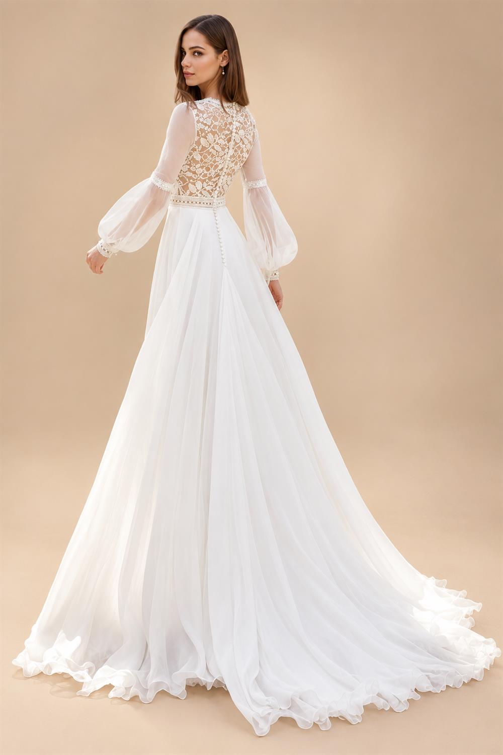 V Neck Lace Tulle Long Boho Beach Wedding Dress For Women