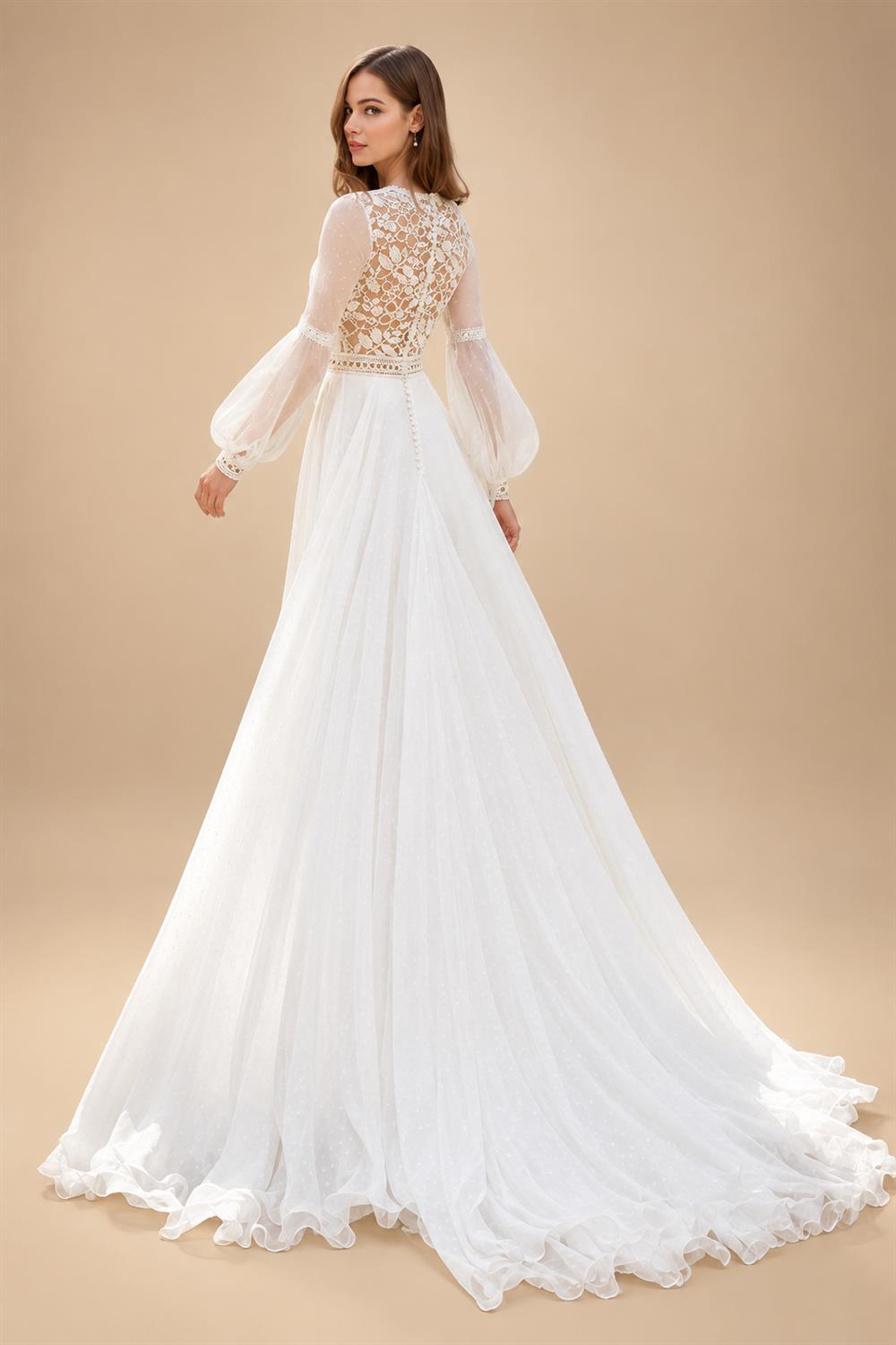 V Neck Lace Tulle Long Boho Beach Wedding Dress For Women
