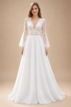 V Neck Lace Tulle Long Boho Beach Wedding Dress For Women