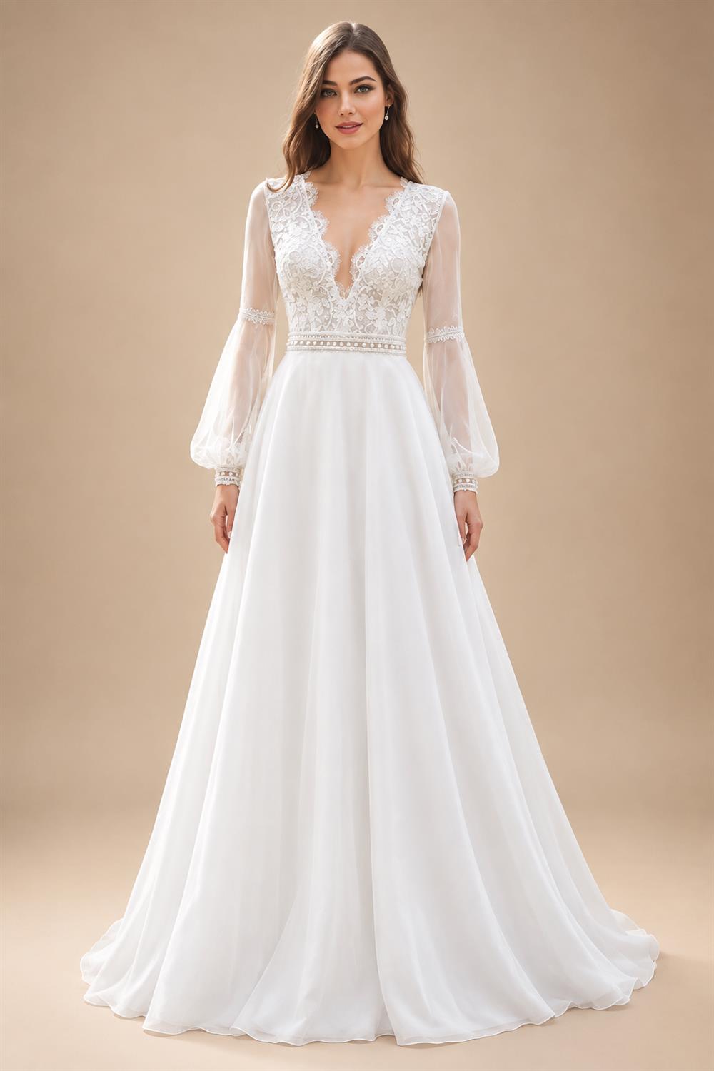 V Neck Lace Tulle Long Boho Beach Wedding Dress For Women